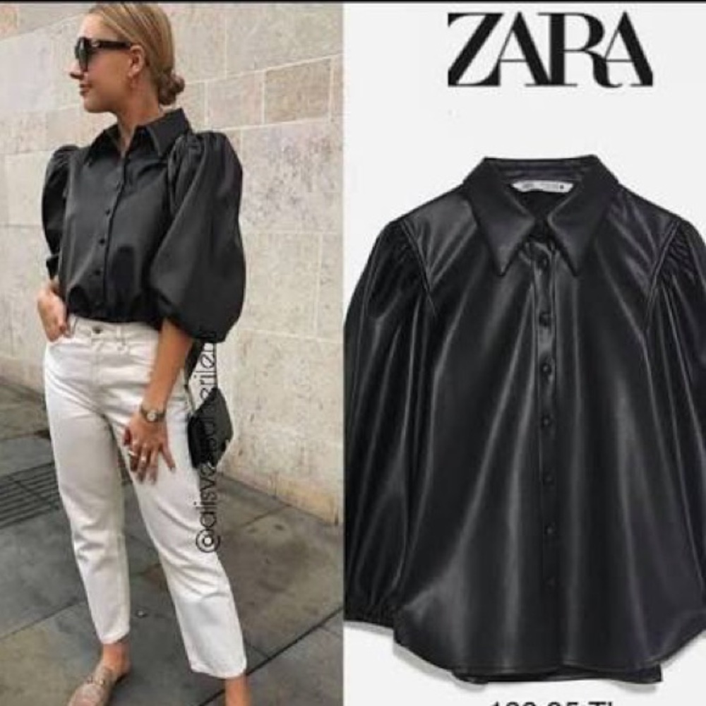Zara Black Faux Leather Puff-Sleeve Button-Down Shirt